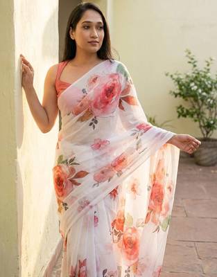 White organza printed saree with blouse 2
