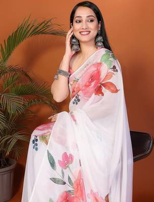White organza printed saree with blouse 4
