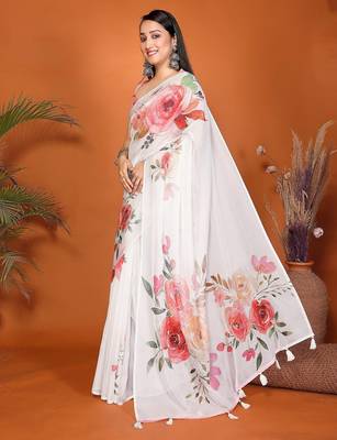 White organza printed saree with blouse 5