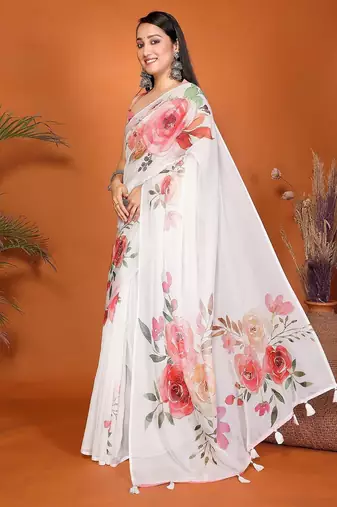 White organza printed saree with blouse
