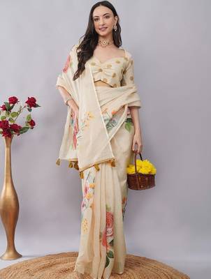 Cream linen printed saree with blouse 1
