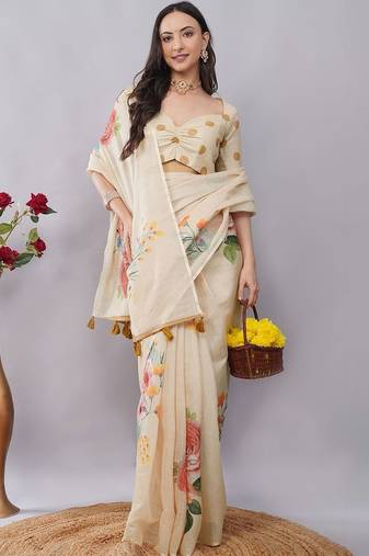 Cream linen printed saree with blouse