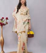 Cream linen printed saree with blouse