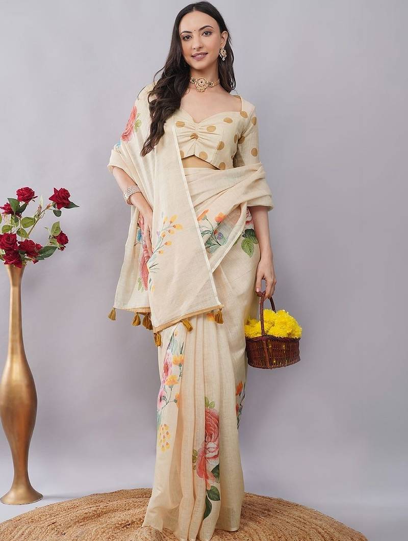 Cream linen printed saree with blouse