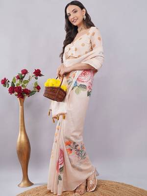Cream linen printed saree with blouse 2