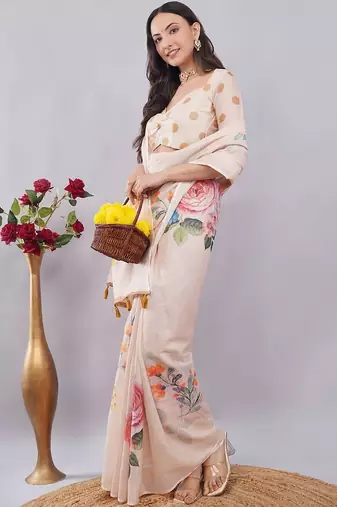 Cream linen printed saree with blouse