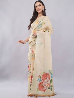 Cream linen printed saree with blouse 3