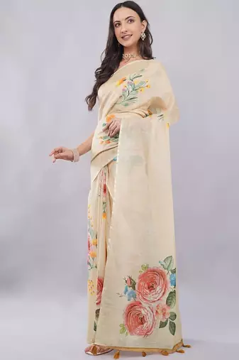 Cream linen printed saree with blouse