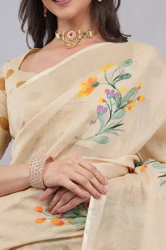 Cream linen printed saree with blouse