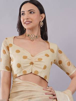 Cream linen printed saree with blouse 5