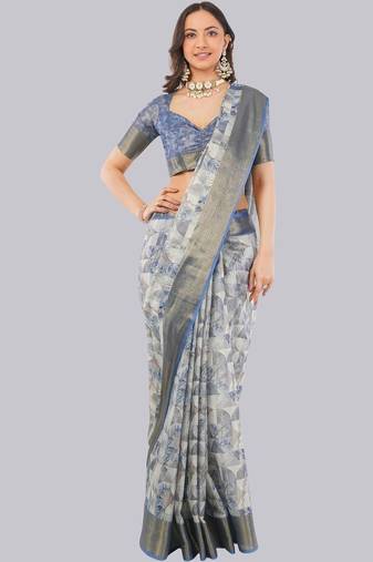 Grey polyester printed saree with blouse