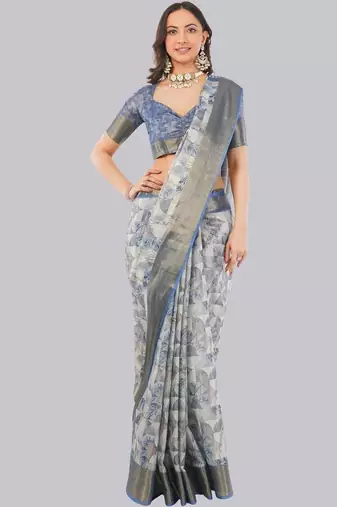 Grey polyester printed saree with blouse