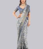 Grey polyester printed saree with blouse