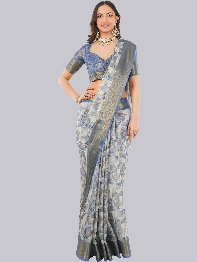 Grey polyester printed saree with blouse