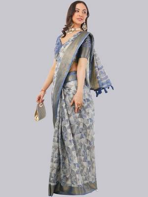 Grey polyester printed saree with blouse 2