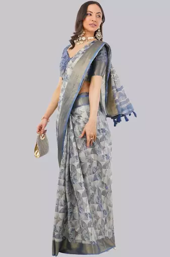 Grey polyester printed saree with blouse