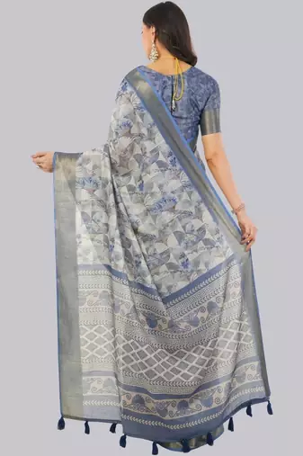 Grey polyester printed saree with blouse