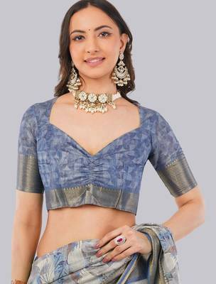 Grey polyester printed saree with blouse 4
