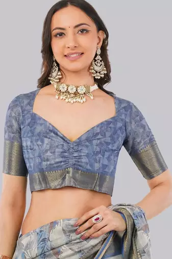 Grey polyester printed saree with blouse