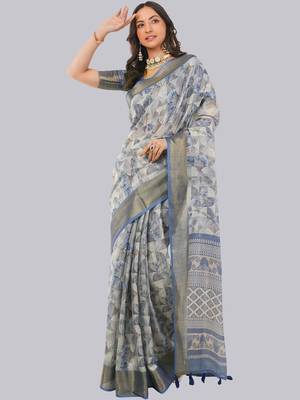 Grey polyester printed saree with blouse 5
