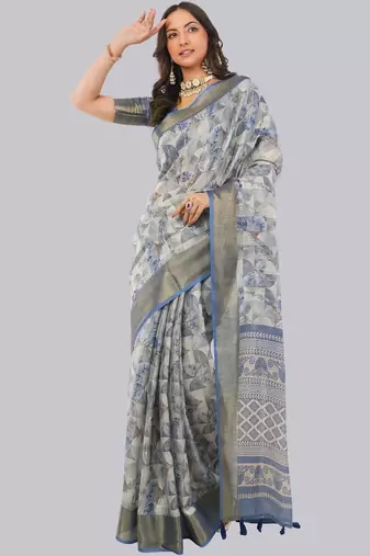 Grey polyester printed saree with blouse