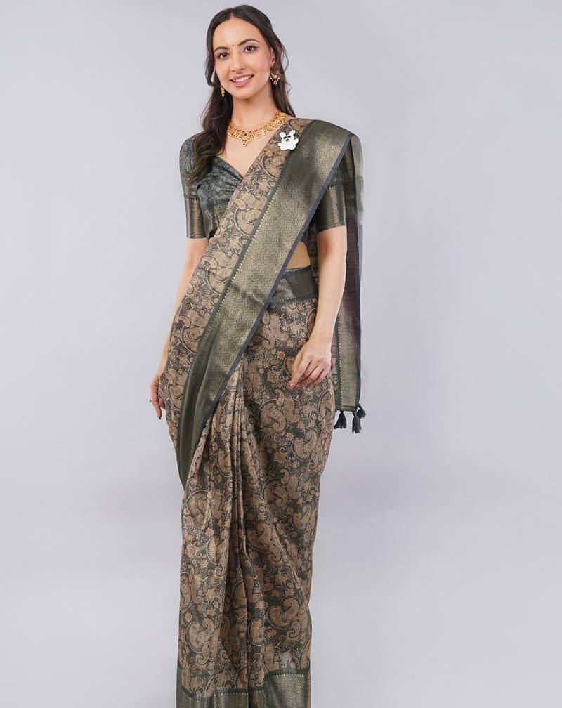 Bronze polyester woven design saree with blouse