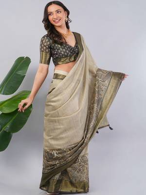 Beige polyester woven design saree with blouse 1