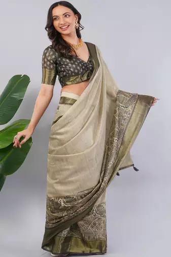 Beige polyester woven design saree with blouse