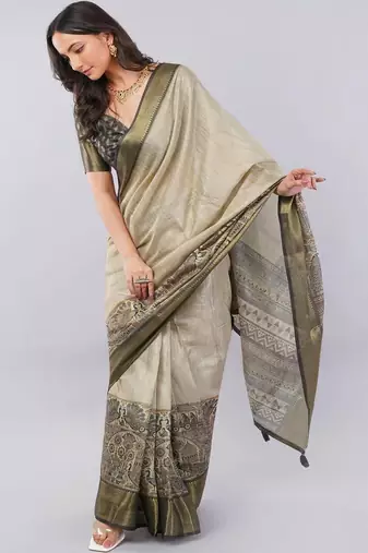 Beige polyester woven design saree with blouse
