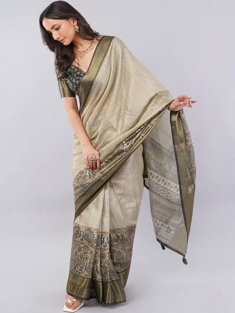Beige polyester woven design saree with blouse