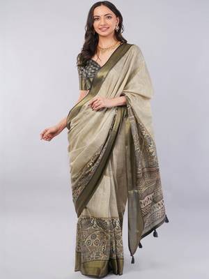 Beige polyester woven design saree with blouse 3