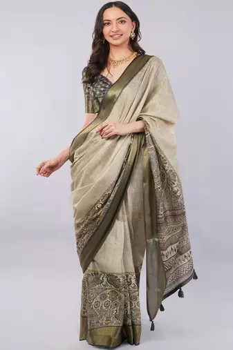 Beige polyester woven design saree with blouse