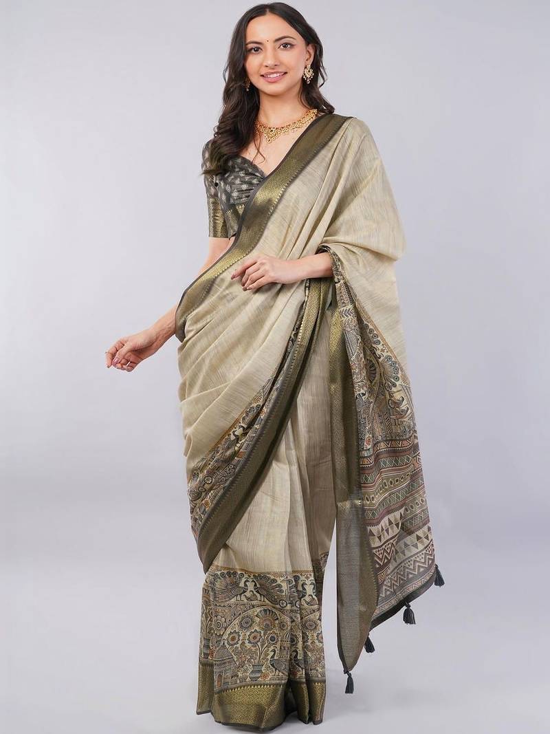 Beige polyester woven design saree with blouse