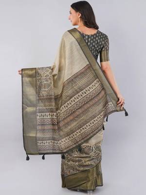 Beige polyester woven design saree with blouse 4