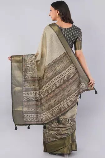 Beige polyester woven design saree with blouse