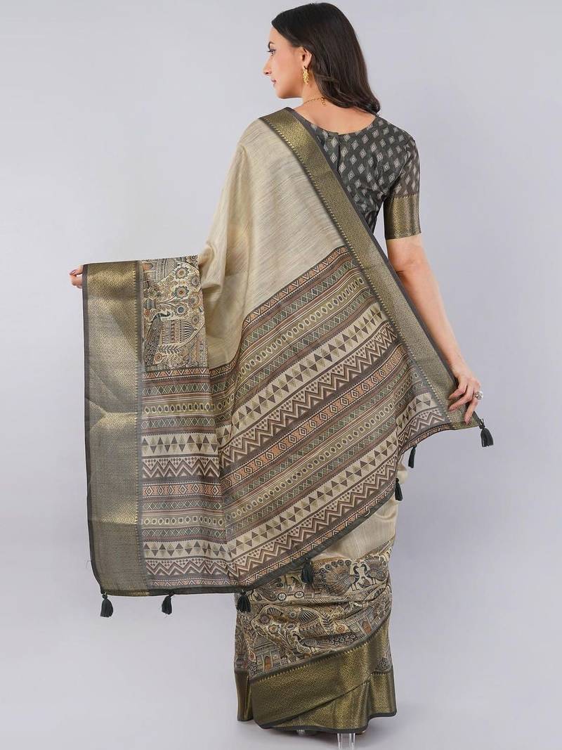 Beige polyester woven design saree with blouse