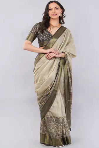 Beige polyester woven design saree with blouse