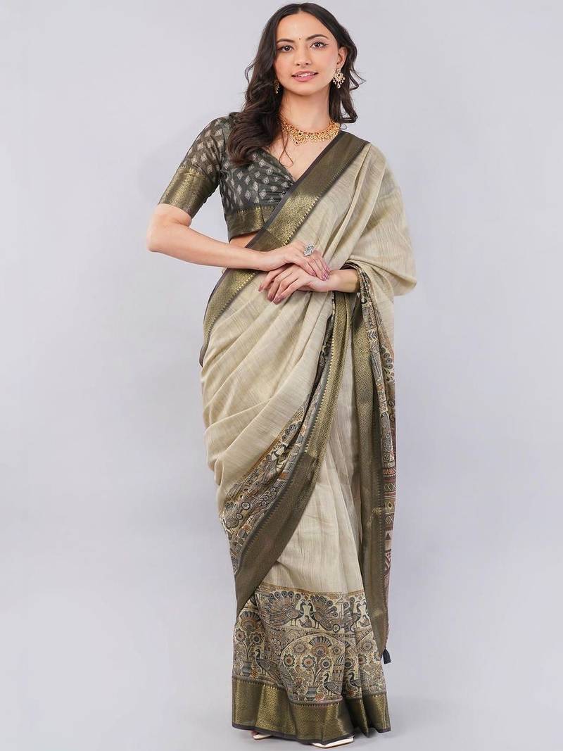 Beige polyester woven design saree with blouse