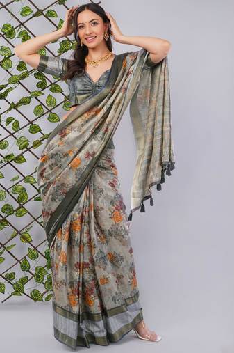 Grey polyester printed saree with blouse