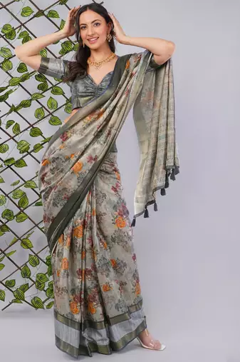 Grey polyester printed saree with blouse