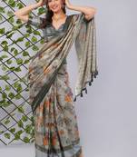 Grey polyester printed saree with blouse