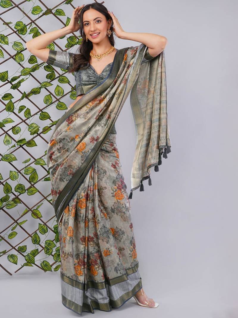 Grey polyester printed saree with blouse