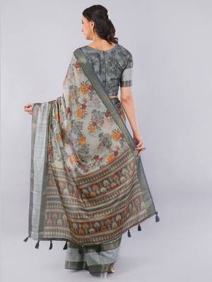 Grey polyester printed saree with blouse 2