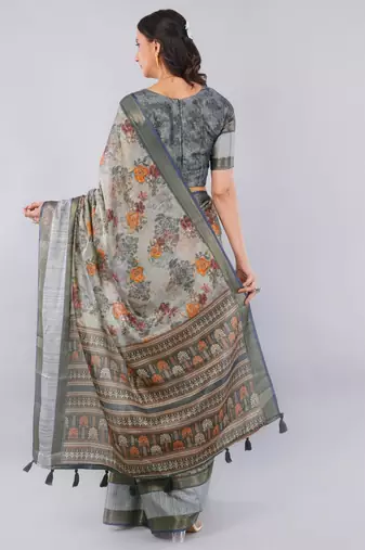 Grey polyester printed saree with blouse