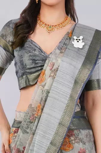 Grey polyester printed saree with blouse