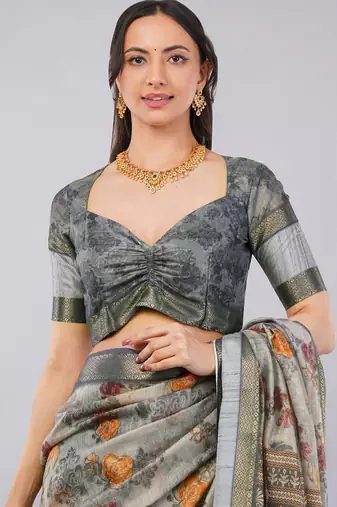 Grey polyester printed saree with blouse