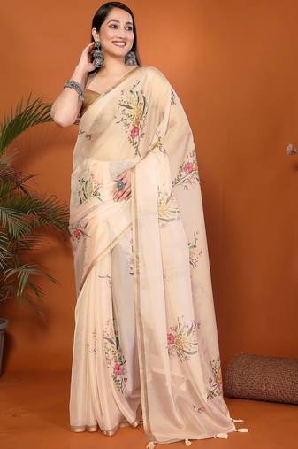Cream organza printed saree with blouse