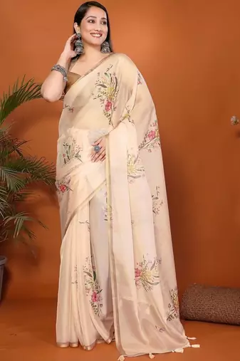 Cream organza printed saree with blouse