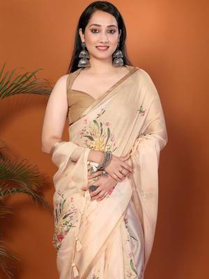 Cream organza printed saree with blouse 2