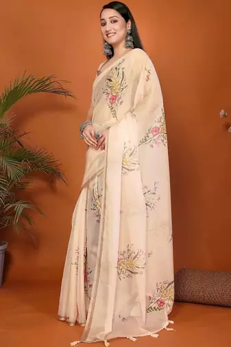 Cream organza printed saree with blouse